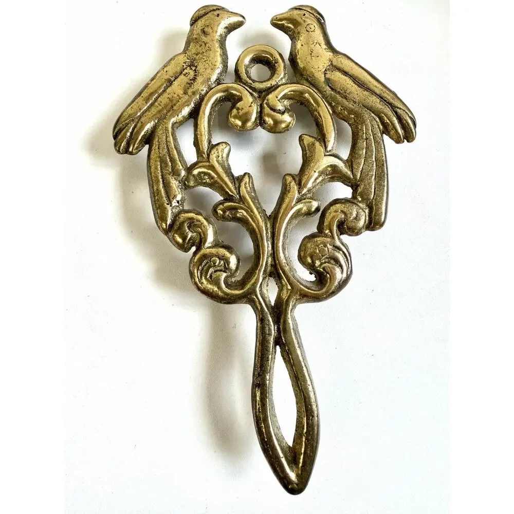 2 Vintage Bird Motif Solid Brass Trivet Footed 1970’s Wall Hanging 7”x4.5”